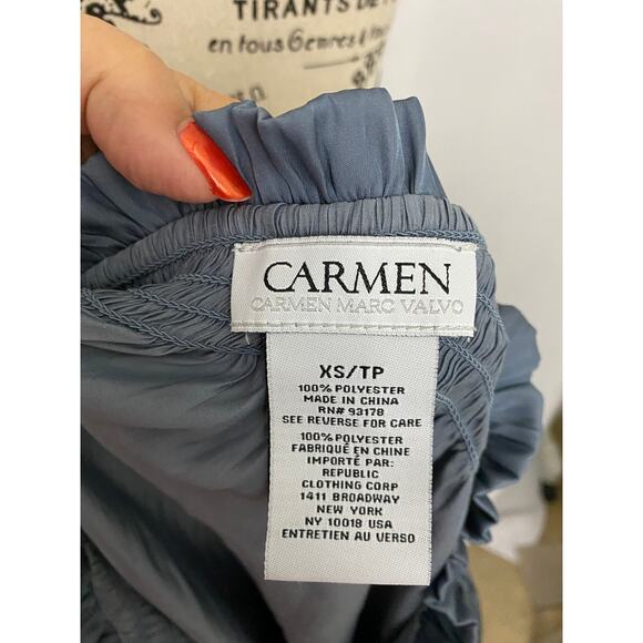 Carmen Marc Valvo Blue Gray Long Sleeve Ruffle V Neck Blouse XS - Picture 6 of 8